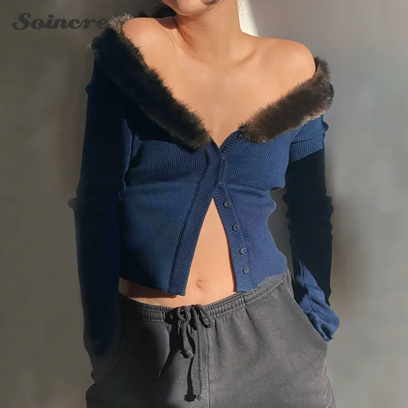 

Cropped Cardigan Women 2021 Sexy Off Shoulder V Neck Faux Fur Fashion Long Sleeve Knitted Sweater Autumn Winter Street Casual
