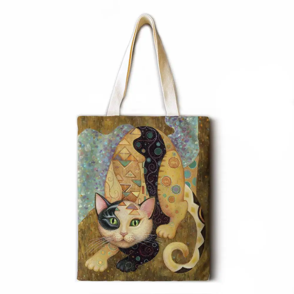 

Golden cat cotton and linen handbag fashion shoulder bag ladies leisure eco shopping high quality foldable handbag