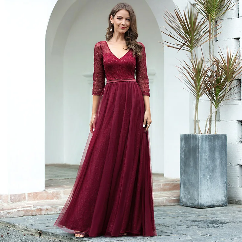Вечерние платья 2020 кружевные Длинные Бордовые Платья на молнии с v-образным