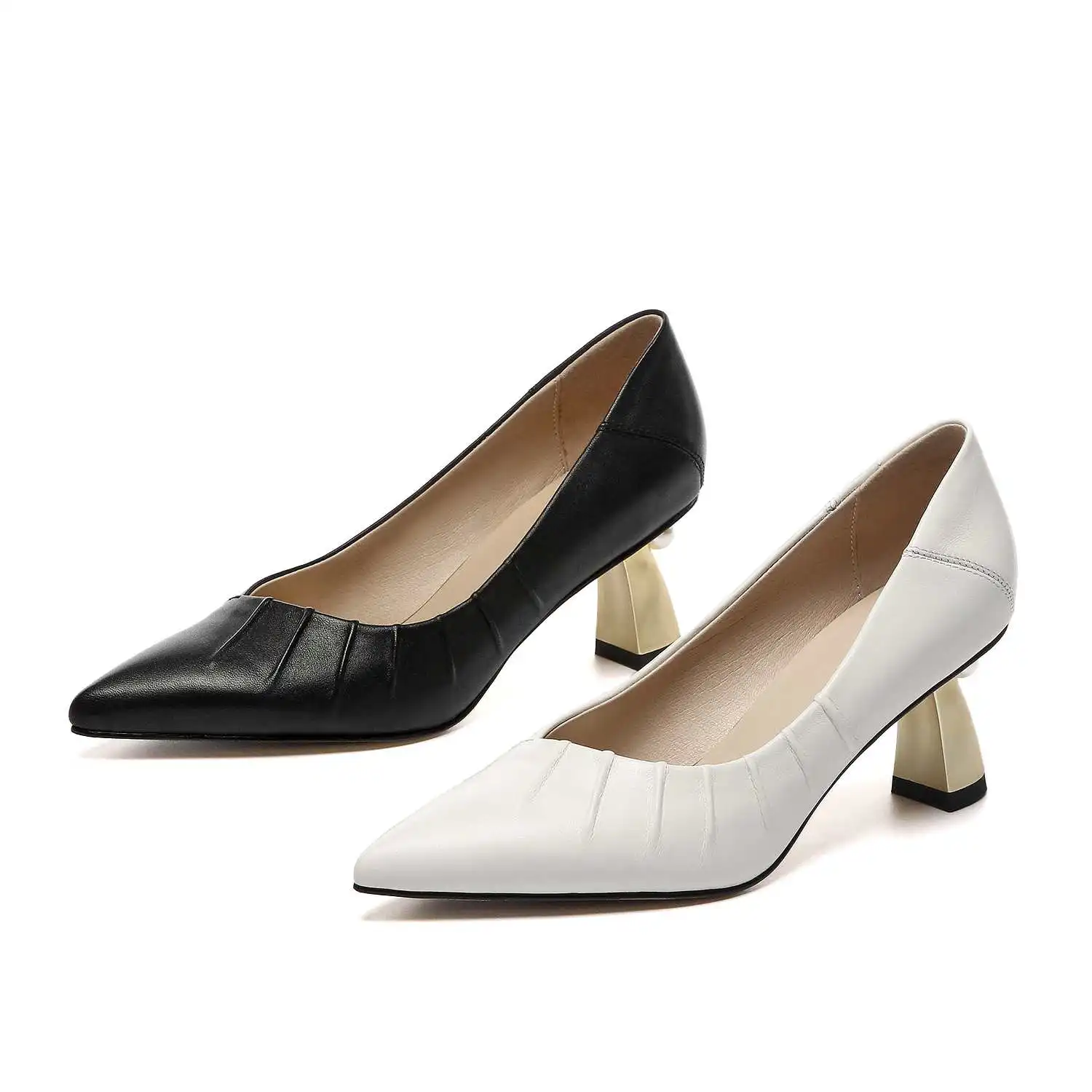 

Krazing Pot korean streetwear full grain leather pleated pointed toe high strange heel slip on elegant lady cozy women pumps L82