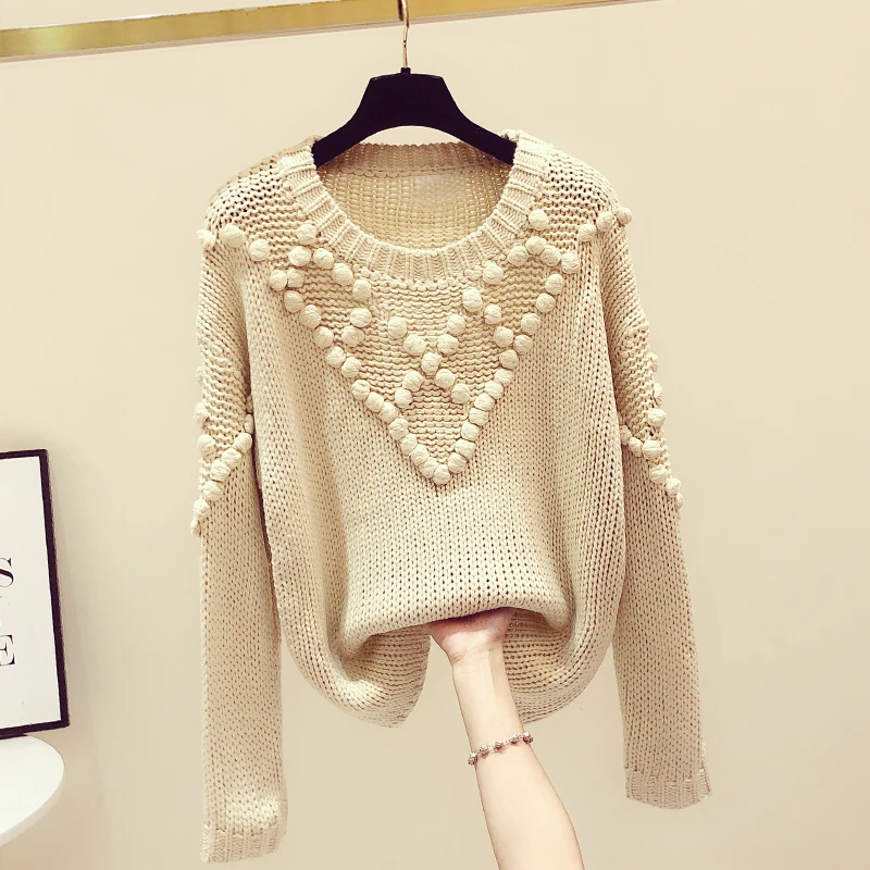 

Round Neck Fur Ball Pullover Women's Sweater 2020 Autumn Winter Clothing New Thick Knitted Loose Knitted Outerwear Top Sweaters