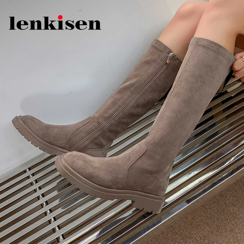 

Lenkisen flock round toe med heel soft comfortable Korean street beauty girls stovepipe dating concise zip knee high boots L50