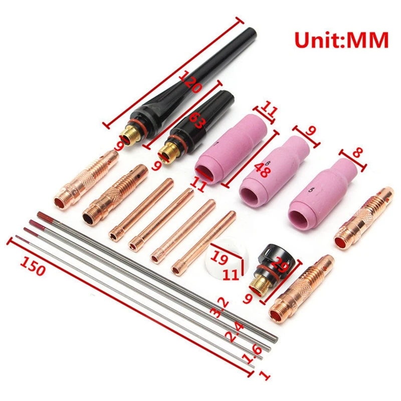 

19Pcs Tig Welding Torch Nozzle Cups Collets Body Kit with Tungsten Electrodes for Welding Torch Wp-17/18/26