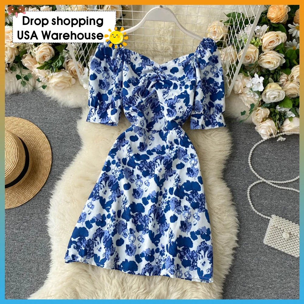 Женское приталенное платье элегантное во французском стиле с синим принтом