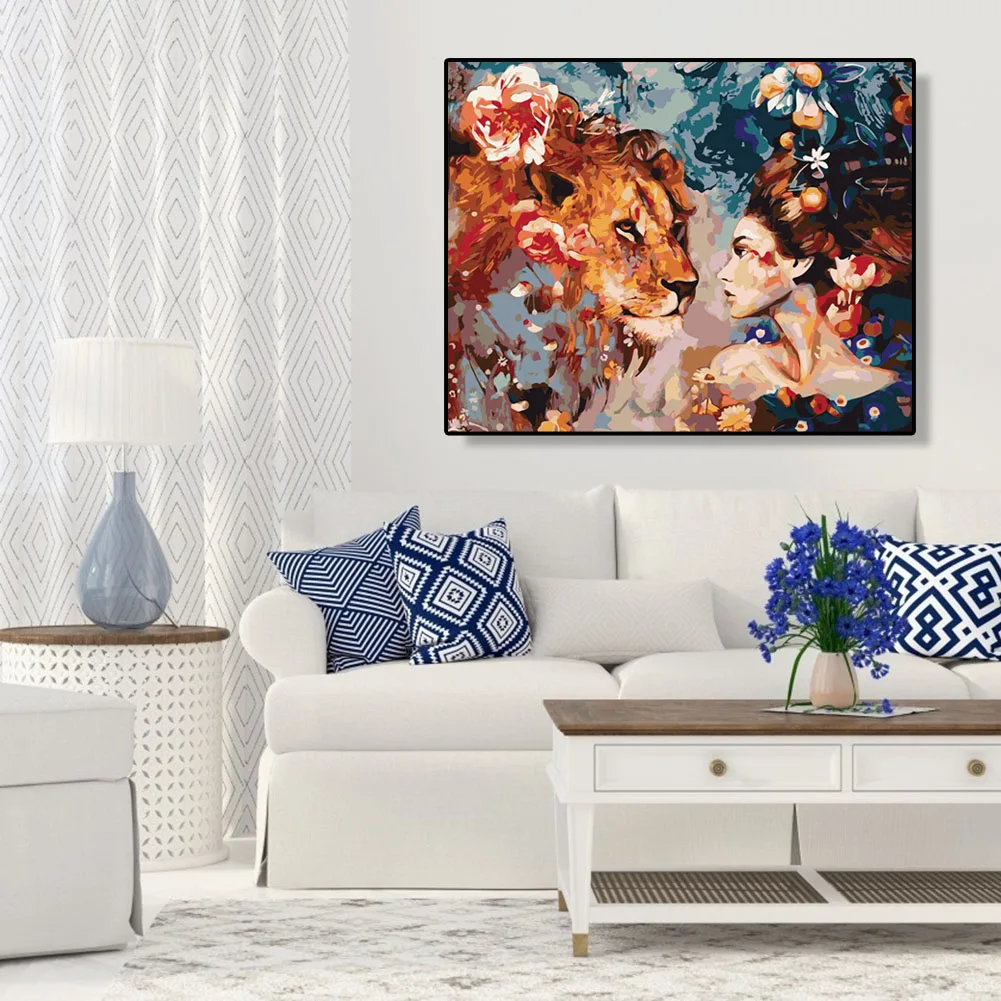 Масляная краска для девочек Лев в рамке сделай сам по номерам красочная взрослых