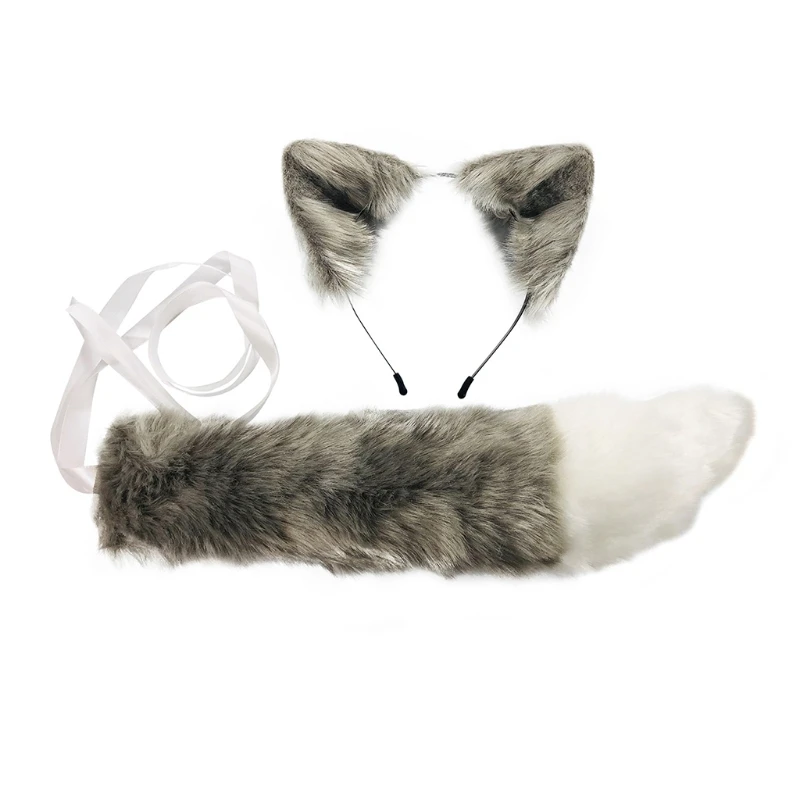 

Adult Kids Simulation Plush Wolf Cat Ears Headband Bandana with Furry Long Tail Set Anime Cosplay Costume Accessories