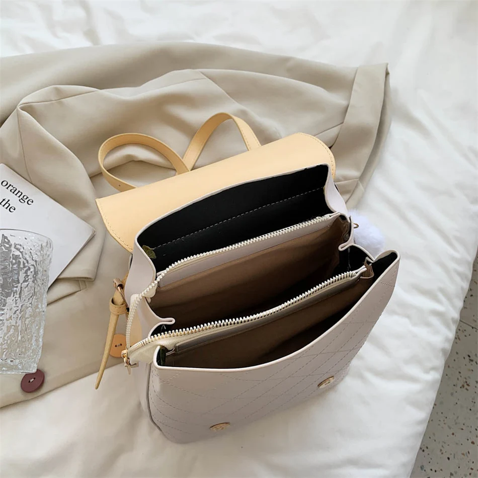 High Quality Leather Backpack for Female Women Fashion Bagpack Handbag Stitching Color Travel Shoulder Bag for Teenager Girls