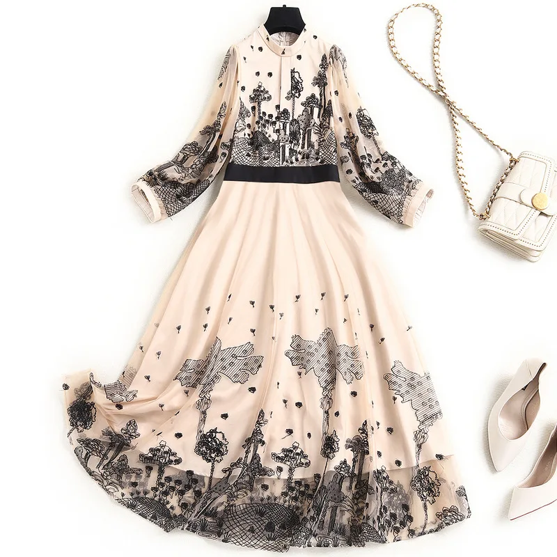 

European Embroidery Mesh Dress Lady Spring 2021 New Women's Fashion Design High Waist Wrist Sleeves Plus Size High End Dresses