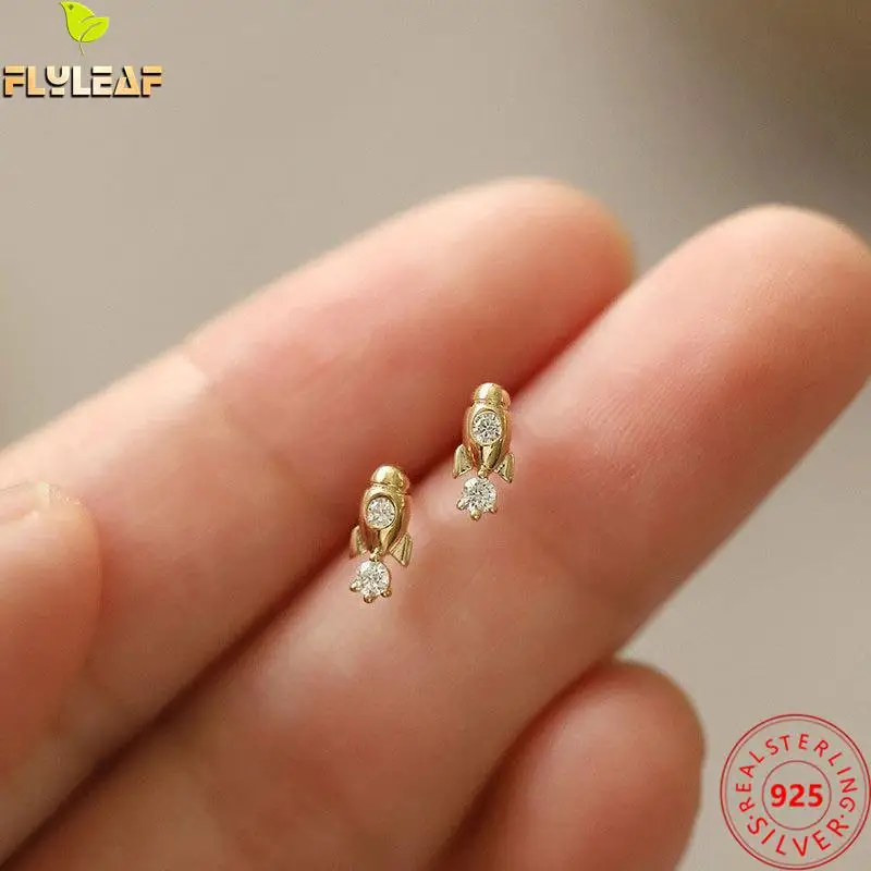 

14k Gold Plating Zircon Rocket Mini Stud Earrings For Women 925 Sterling Silver Cute Femme Ear Bone Nails Fine Jewelry