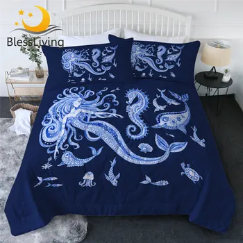 BlessLiving Mermaid Quilt Set Hippocampus Turtle Comforter Blue Blanket Jellyfish Fish Bedspread Shell Housse De Couette 3pcs 1