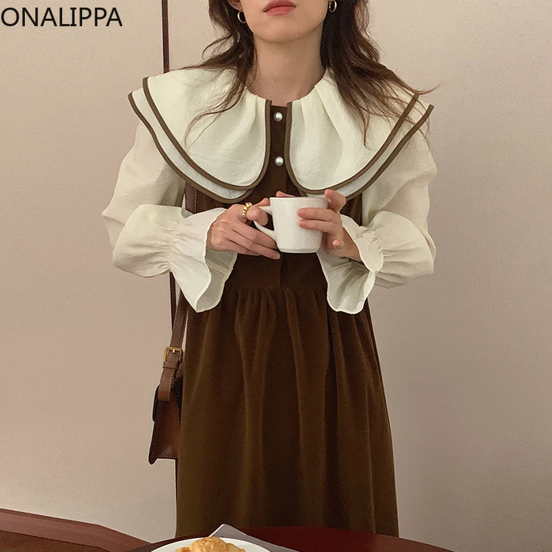 

Женское длинное платье ONALIPPA для весны и осени, свободное платье с расклешенным рукавом и кукольным воротником