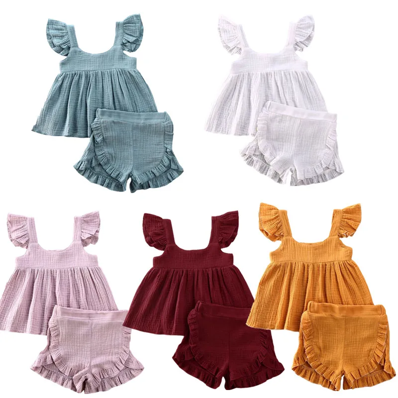 

0-24M Summer Baby Girls Clothes Tops+Shorts 2PCS Cute Kids Girls Solid Sleeveless Ruffles Clothing Outfits