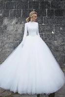 hot a line modest wedding dresses lace high neck long sleeves tulle robes de mari%c3%a9e vintage wedding dresses bridal gown