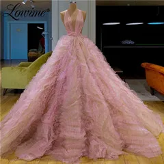 Розовый Розовые вечерние платья принцессы Robe De Soiree с глубоким v-образным вырезом, Тюлевое платье для выпускного вечера, Длинные многоярусные Свадебные праздничные платья Abiye - Цвет: Розовый