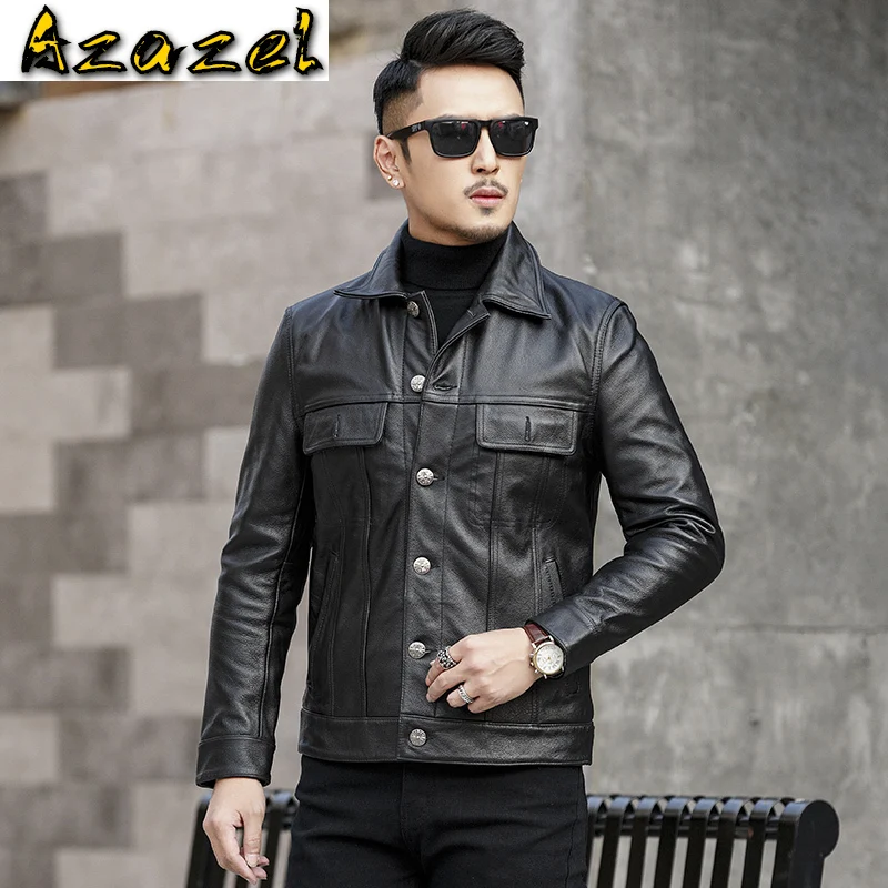 

Куртка Azazel мужская из натуральной кожи, мотоциклетная одежда, пальто из натуральной коровьей кожи, верхняя одежда в Корейском стиле, LXR439, осень