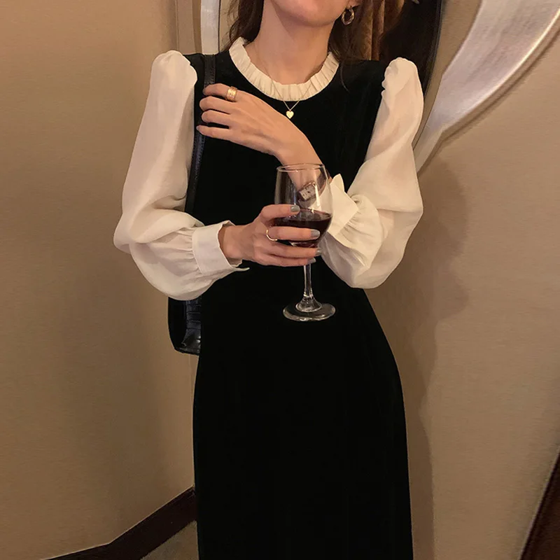 

Woman Dress 2021 New Korea Fashion Elegant Stand-up Collar Back Button Lace-up Waist Fake Two Puff Sleeve Long Velvet Dresses