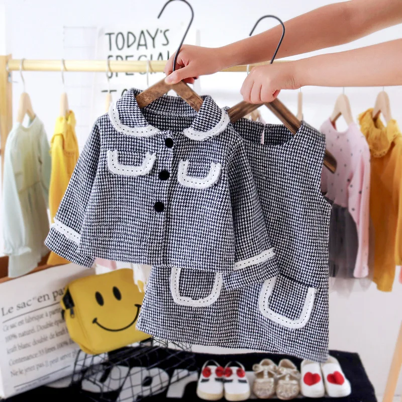 

Bear Leader Baby Girls Autumn Clothing Sets Fashion Toddler Plaid Clothes Infant Coats And Sleeveless Dress Outfit 2Pcs Clothing
