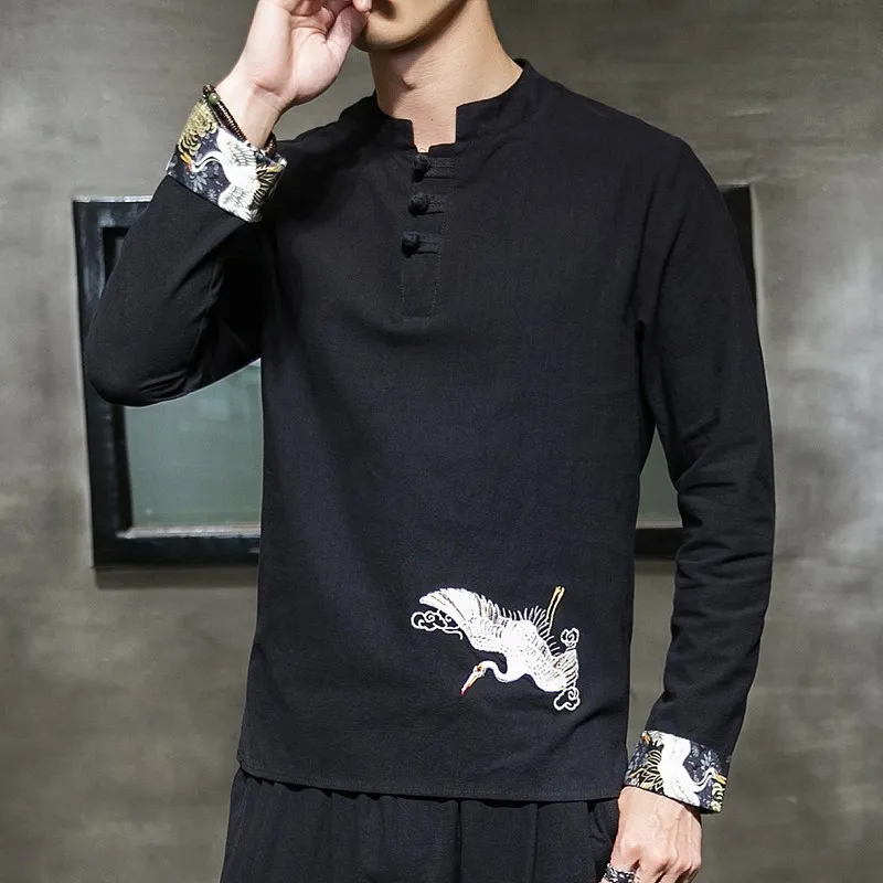 Черный кран с вышивкой и пряжкой мелкой дробленой льняной &quotМандарин&quot Кун-фу