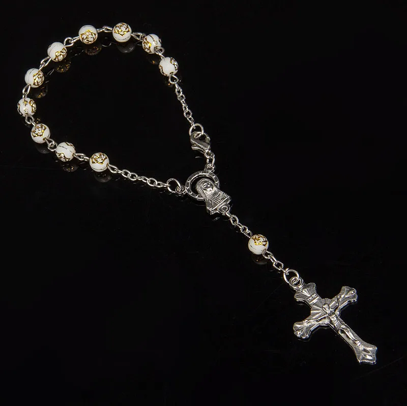 

Colorful rose Beads Catholic Rosary Bracelet Jesus Virgin Mary Saint Cross Bracelets Religious Jewelry Christmas Gift