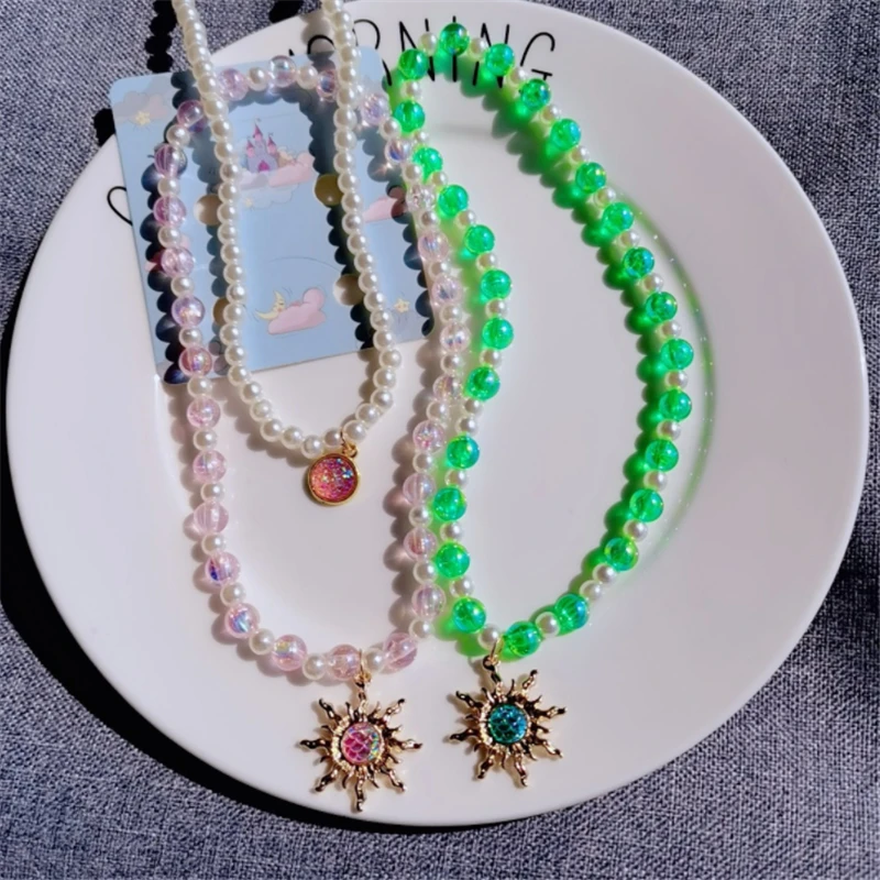 

10set/Lot Sun Flower Necklace Bracelets For Kids Girls Children White Pink Green Imitation Pearl Beads Jewelry Sets