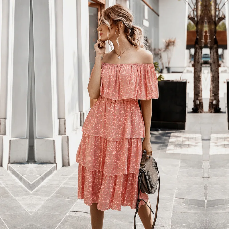 

2021 Summer New Ladies Cascading Ruffle Dot Print Off The Shoulder Dress Women Elegant High Wasit Knee-length Dress