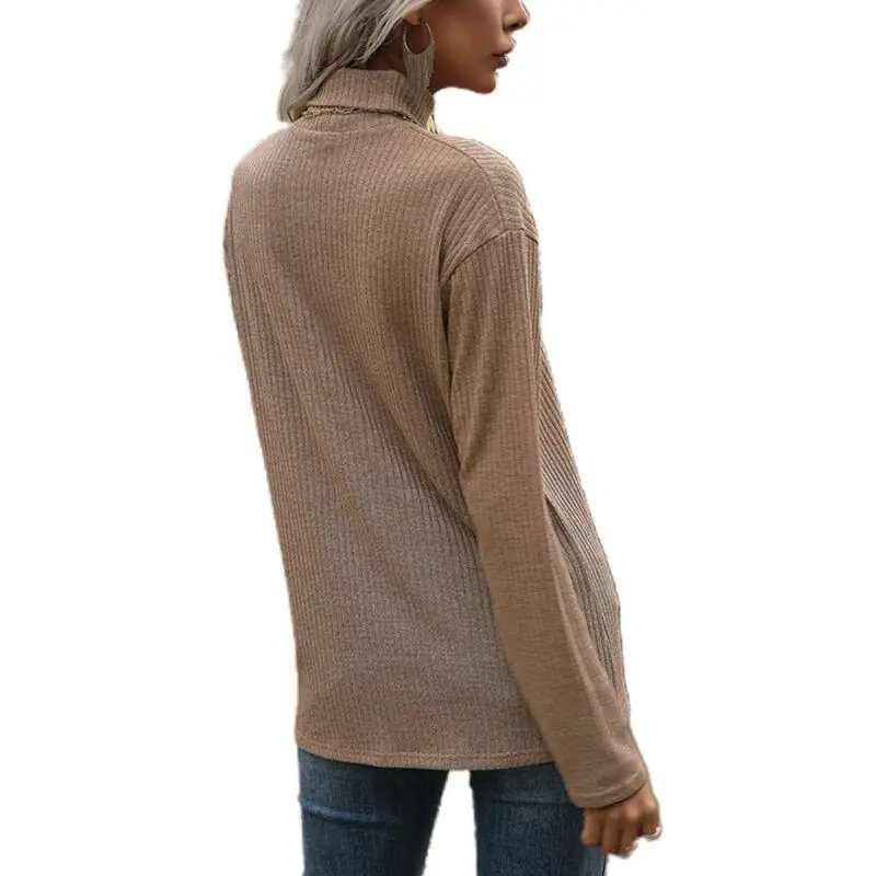 

Women High Neck Plain Long-Sleeves Sweater Winter Warmer Loose Knitted T-Shirt Top