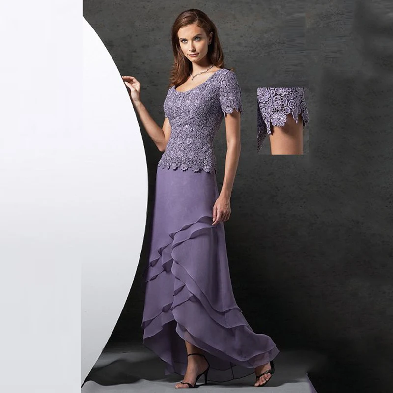 

New Elegant Purple High Low Lace Mother of the Bride Dresses Short Sleeves Scoop Neckline Wedding Party Gowns Tier Skirt