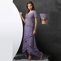 new elegant purple high low lace mother of the bride dresses short sleeves scoop neckline wedding party gowns tier skirt