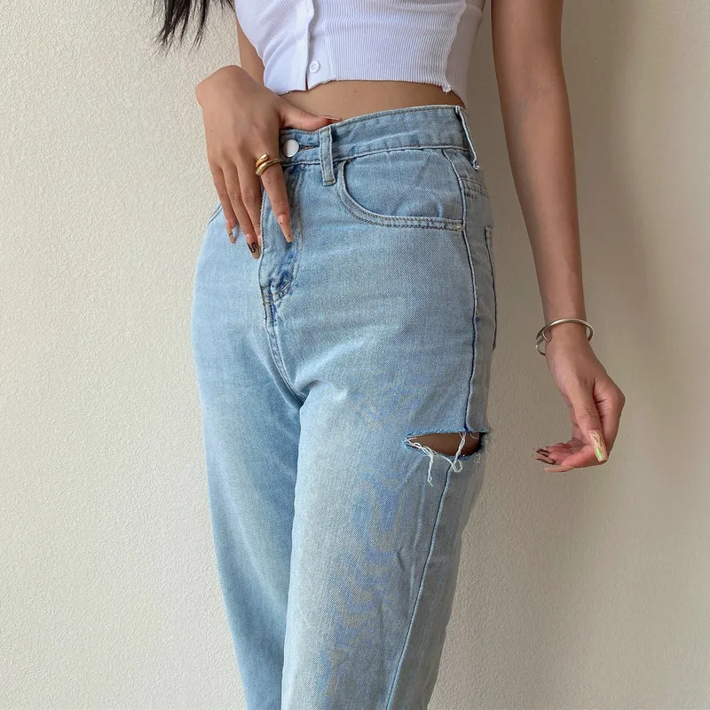 Джинсы женские рваные с завышенной талией JHKC|Прямые джинсы| |