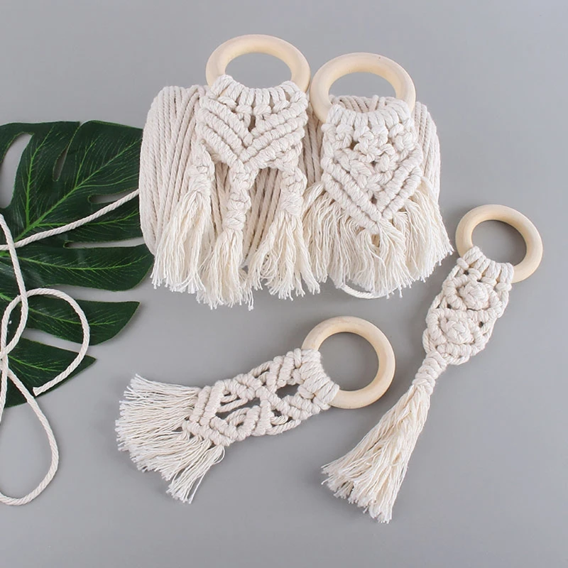 

4 Pcs Weave Teething Ring Baby Play Gym BPA Free Food Grade Wooden Rings Rattle Baby Cot Hanging Toy