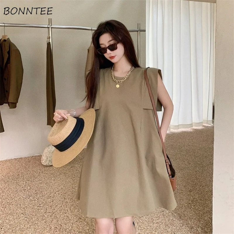 

Женские платья цвета хаки, модные однотонные Летние Новые французские Свободные повседневные платья выше колена без рукавов, дышащие женск...