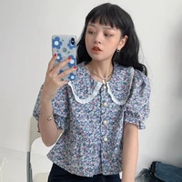 2021 floral retro shirt womens short sleeve chic girls high waist chic gentle all match stylish new loose blouses puff sleeve