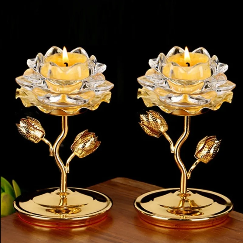 

High Grade Chinese style Lotus Ghee Lamp Holder Feng Shui Home Decor Crystal Glass Block Candle Holders Party Dceoration
