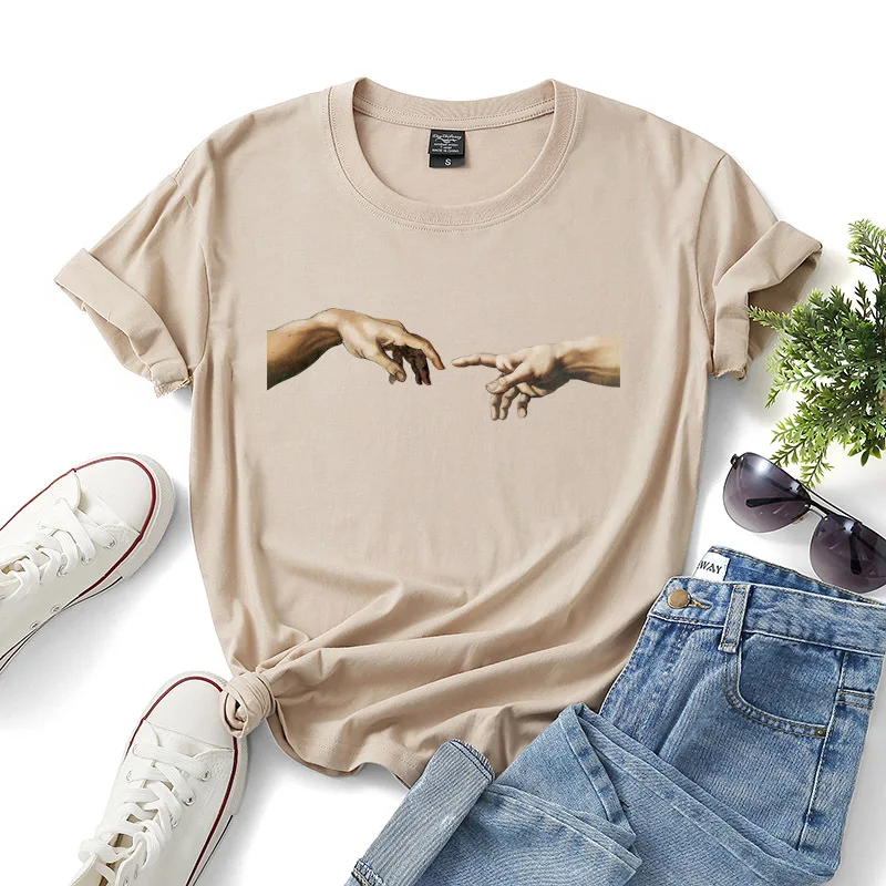 

Michelangelo The Creation of Adam Tshirt Women Aesthetic Sistina Hand Personality Print T-shirt Vintage 90s Graphic Top Tees