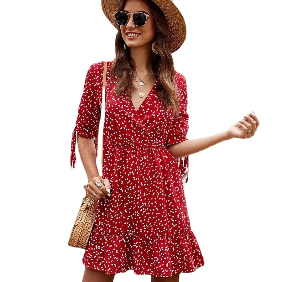 

2021 Dresses Women V-Neck Dress Flounced Edge Elegant Dress Sweet Dress Regular Dress A-LINE Print Dress