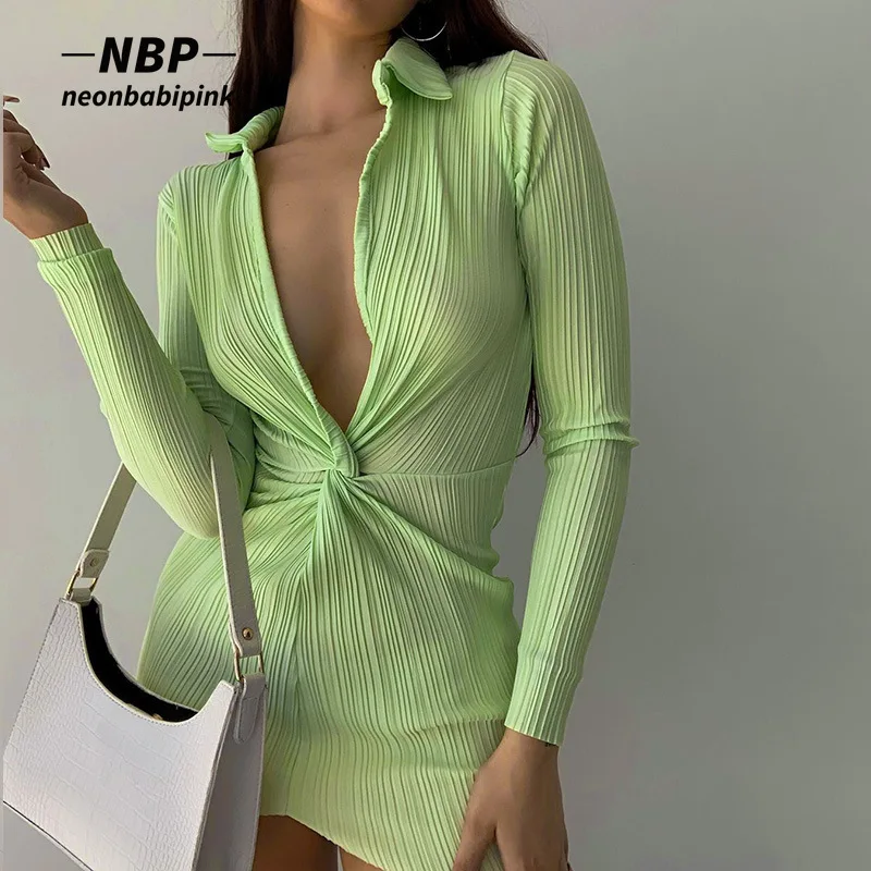 

NEONBABIPINK Twist Front Long Sleeve Shirt Dresses for Women Fall 2021 Fashion Sexy Deep V Neck Bodycon Short Dress N66-CG28