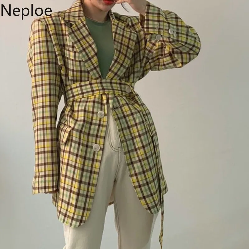 Женский блейзер в клетку Neploe однобортный свободный пиджак с длинными рукавами и