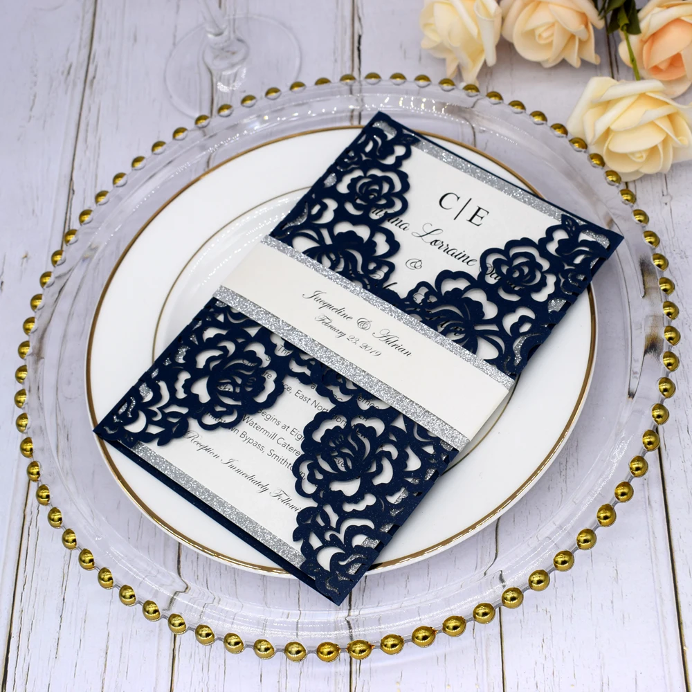 Приглашения на свадьбу с блестками темно синего и серебристого цветов 50