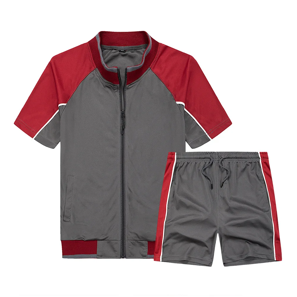 

Men's splicing casual track and field wear zipper cardigan sportswear mesh breathable T-shirt +shorts two piece set summer