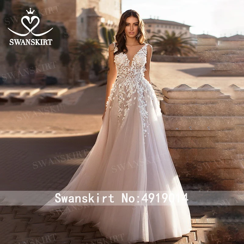 Boho 3D Цветы А-силуэта свадебное платье N128 Swanskirt Аппликации Кружева А-силуэта свадебное платье с открытой спиной индивидуальные Vestido de noiva