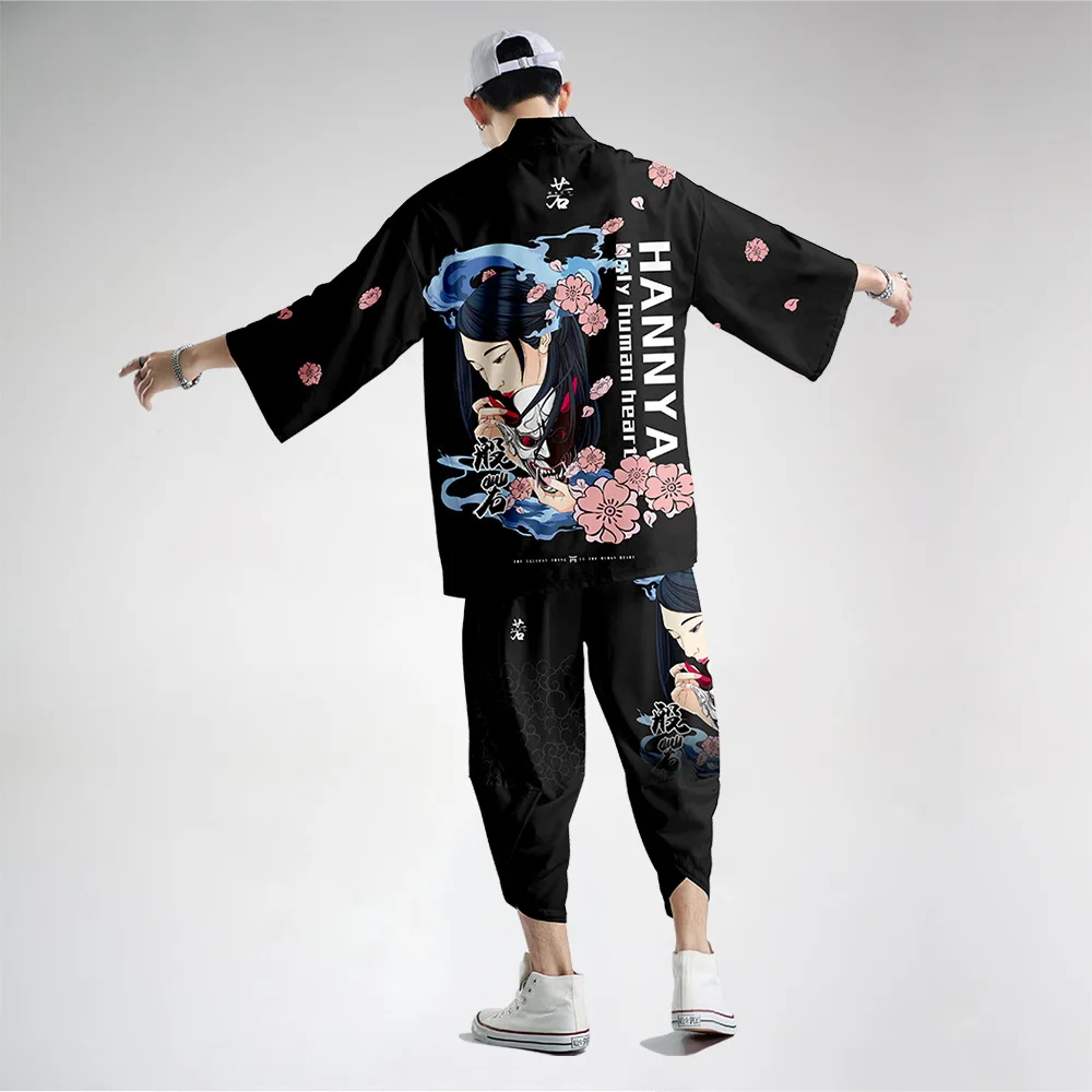 

Prajna Printed Kimono Cardigan Men Japanese Traditional Casual Loose Thin Set of Coat and Pants Asian Clothes Harajuku