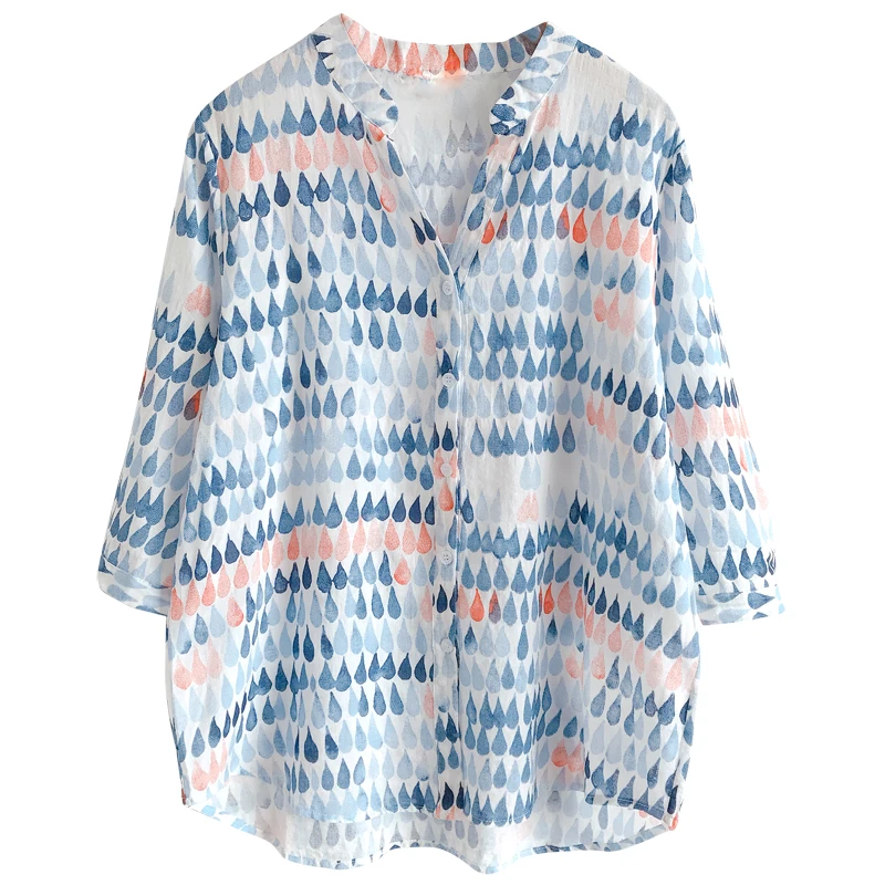 

Summer is pure and fresh sense of color watercolor printing Han Fan garment seven female show thin v-neck shirt sleeve