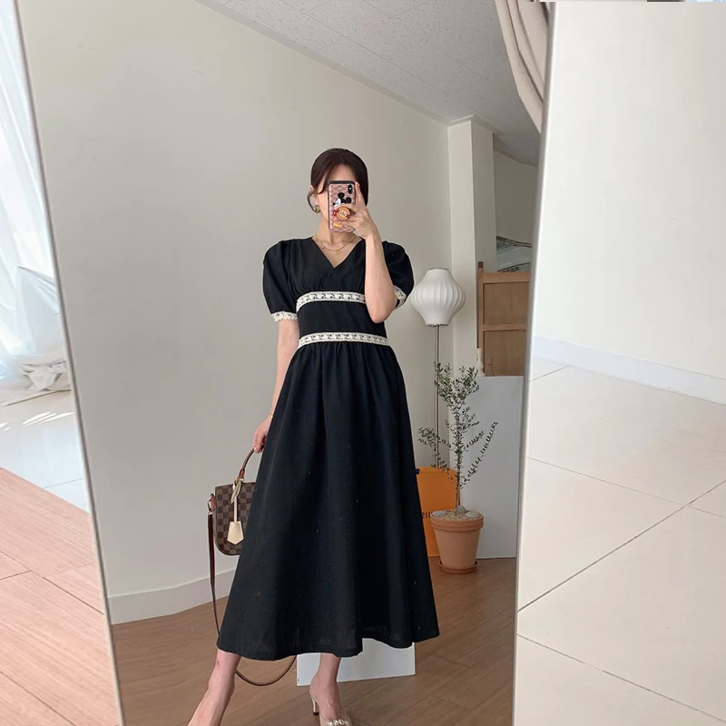

solid pink woman dress V Neck High Waist Casual holiday dresses for women puff Sleeves Loose Fit long vestidos 2021
