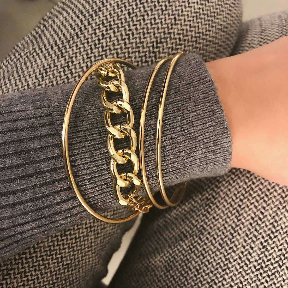 Youvanic Large Gold Bracelets Bangles Set For Women Thick Link Chain Bracelet Punk Simple Smooth Bangle Charm Boho Jewelry 0164 | Украшения