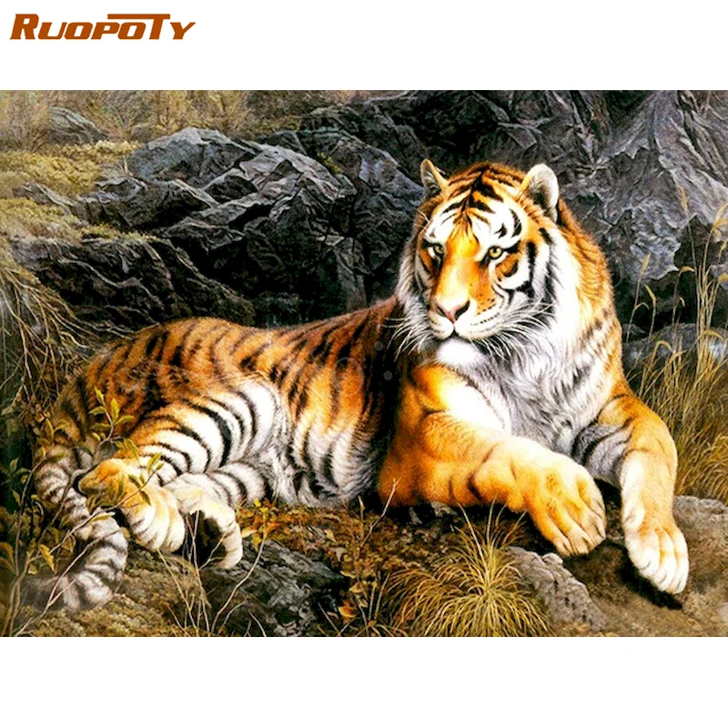 

RUOPOTY 5d Diamond Painting Tiger Cross Stitch Kits Diamond Embroidery Paintings Animal Rhinestone Pictures Mosaic Handmade Wall