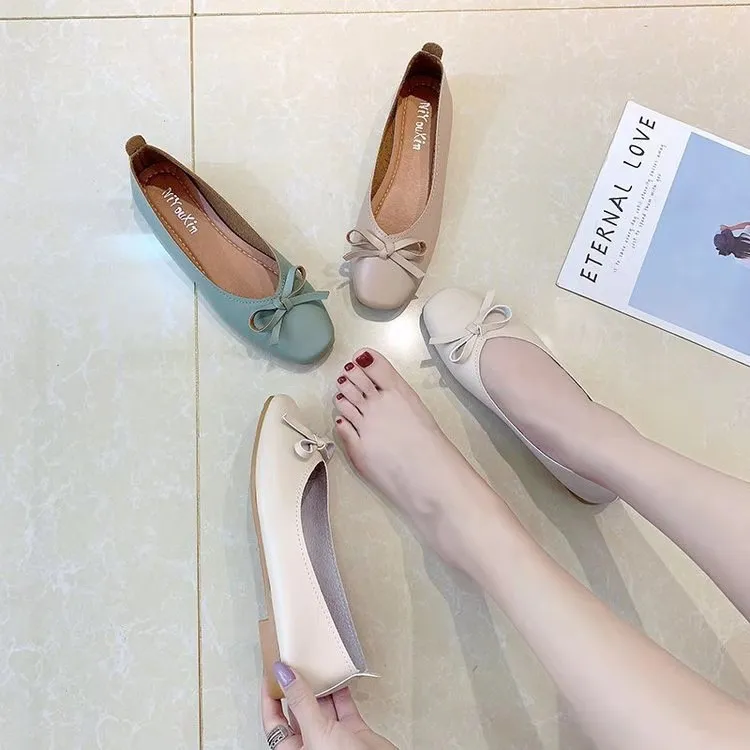 Soft Bottom Bow Single Shoes Women 2021 Summer New Shoes Korean Thick Heel Flat Bottom Casual Shoes Women's Shoes Doudou Shoes