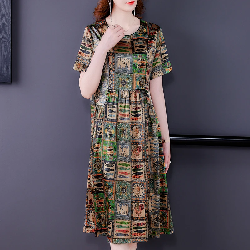 

COIGARSAM Women Dress Summer 2021 New Office Lady Vintage Print Silk Short Sleeve O-Neck Dresses Traf Robe Vestidos