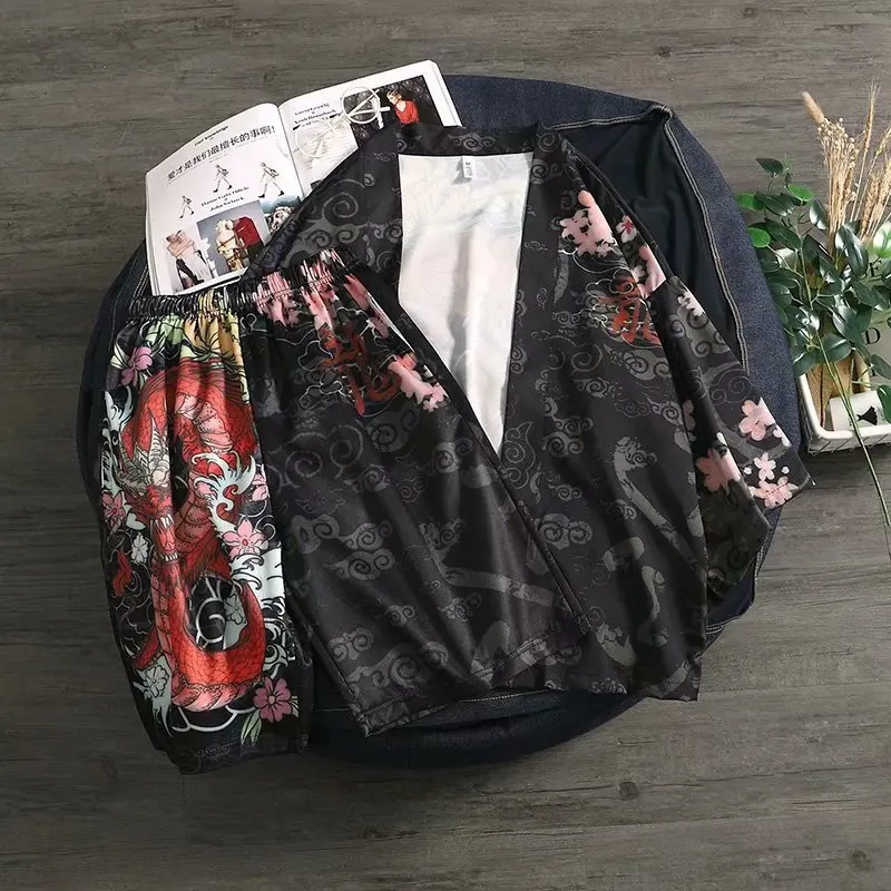 

Black Print Yukata Men Summer Boho Kimonos Shorts Beach Suit Haori Asian Clothes Shirt Kimono Cardigan Men Japanese Pajamas Mens