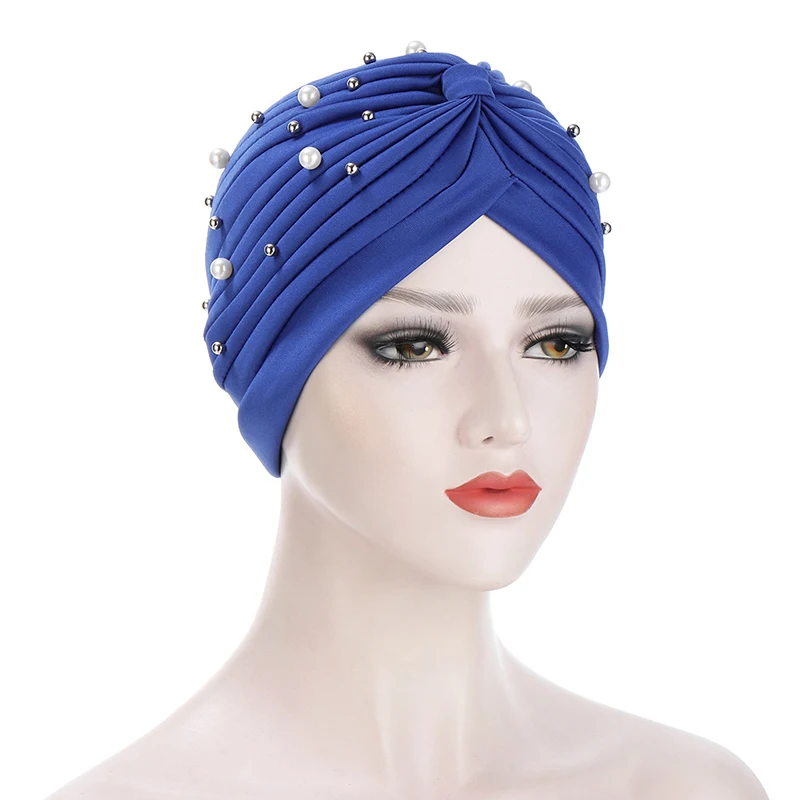 

Headscarf Cap Sweet Pearl Solid Color Muslim Pleated Indian Hat Women's Polyester Stretchable Patched Lady Turban Hat