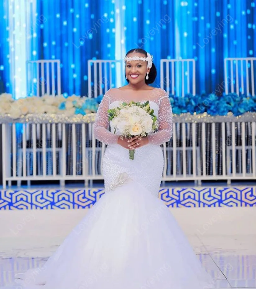 

Gorgeous Beading Sequins Mermaid Wedding Dresses Bride Gowns Brush Train African Nigerian Illsion Long Sleeves Vestido de Novia